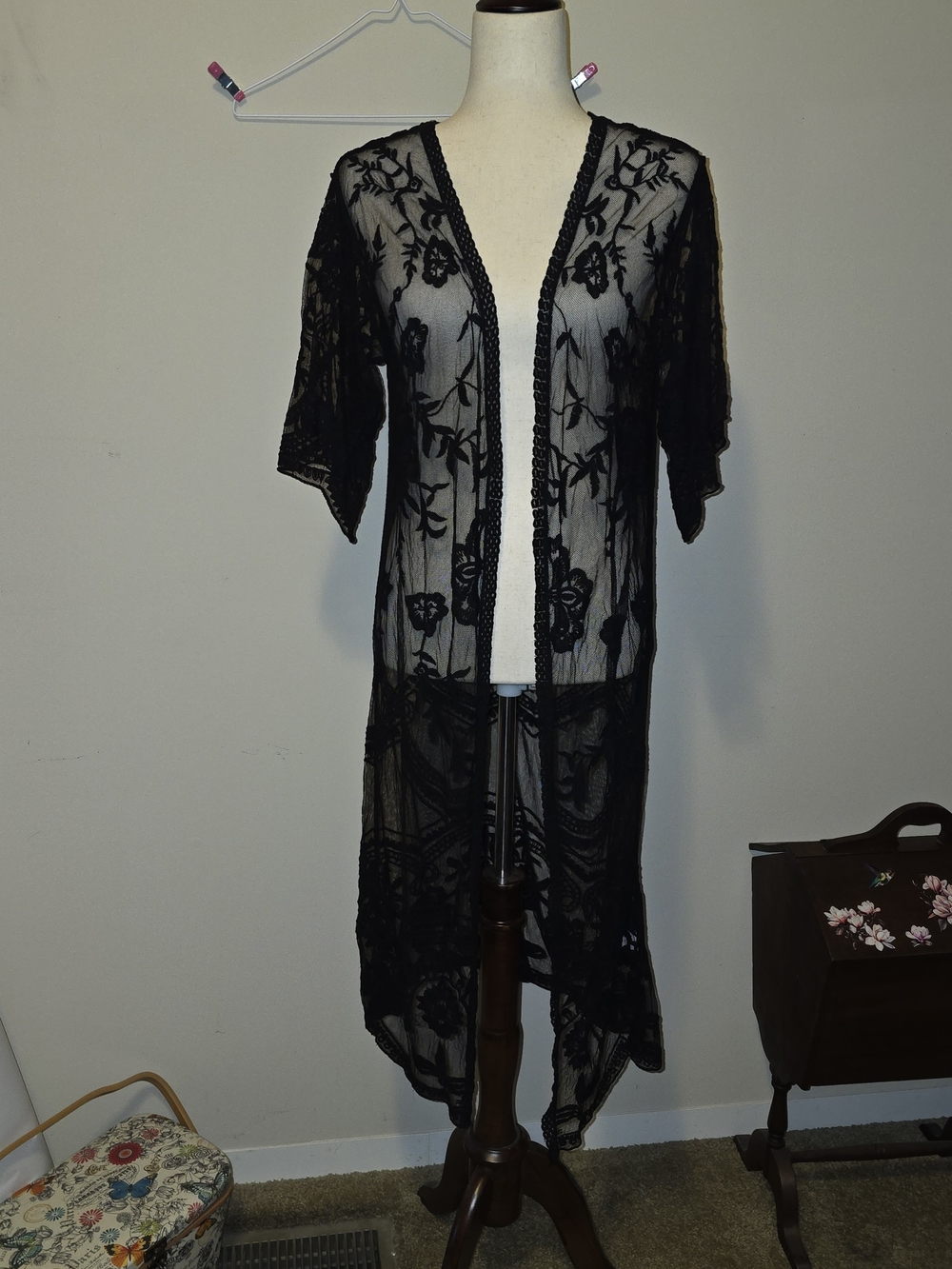 Women's Black Sheer Floral Lace Duster Cardigan - Elegant Open-Front Sz L